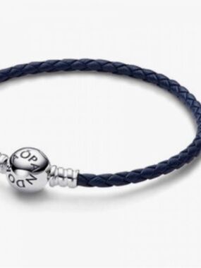 Pandora Dark Blue Braided Leather Bracelet with Silver Bead Clasp